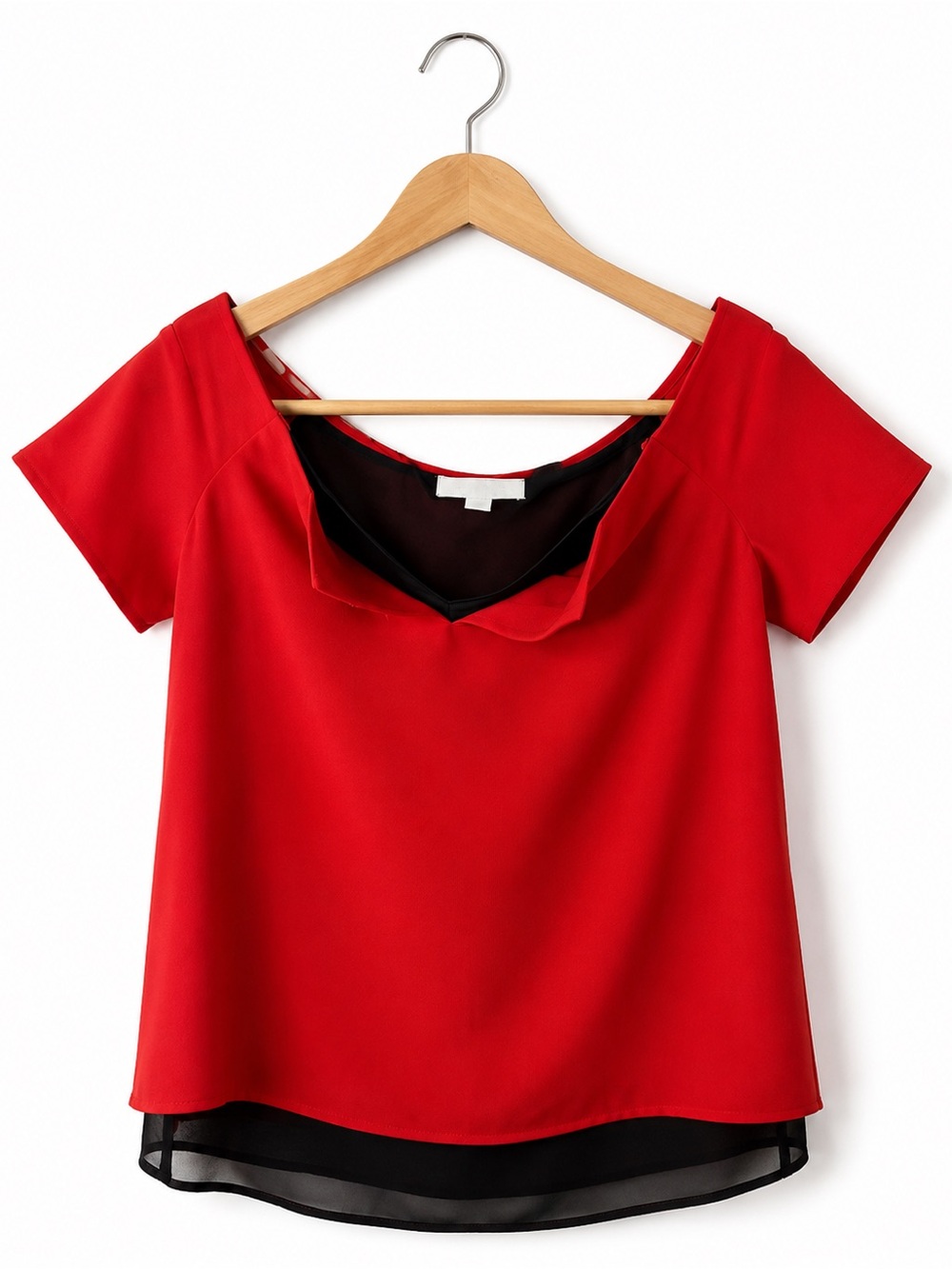 Cooper & Ella Red Black Trim Cowl Neck Blouse Small Short Sleeve Career Top